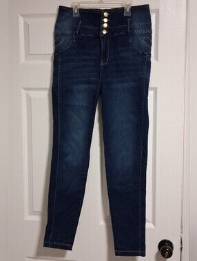 Colombian Tissini Dark Blue Skinny Jeans with Gold Buttons Butt Lift Size 11.